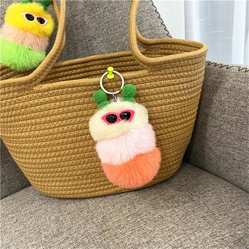 Niedliche bunte Plüschraupen Schlüsselanhänger mit Sonnenbrille Weicher Kaninchenfell Tier Pompon Anhänger Mit Schlüsselringen Für Damen Handtasche