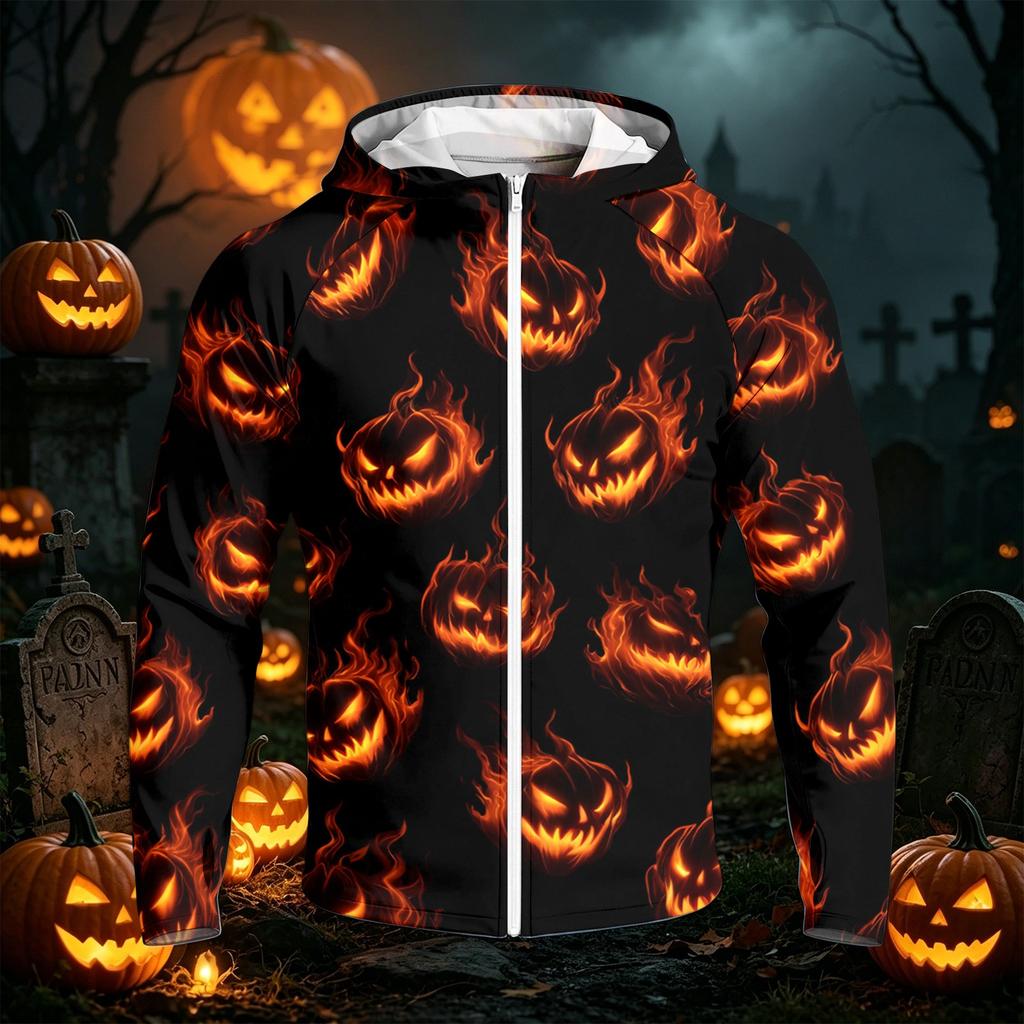 Men Raglan Sleeve Hooded Sun Jacket Halloween Pumpkin Print Casual Lightweight Zipper Outerwear Top