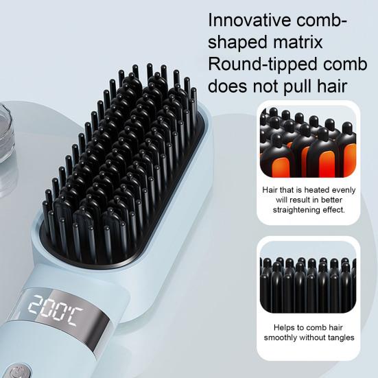 Cordless Hair Straightener Brush 4 Temperature Modes Adjustable LED Display Fast Heating Portable Travel Electric Hot Brush Curly Hair Styling