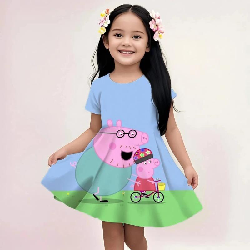 Girls Summer Beach Outfit Peppa Pig Cute Cartoon Print Casual Loose Sundress Soft Lightweight 110