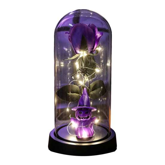 Repeated Use Festival Ornament Halloween Indoor Light Up Rose in Plastic Dome Cloche, Artificial Preserved Spider Theme Party Props Night with Pumpkin