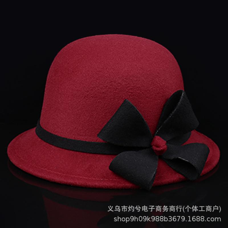 Hat Women's Autumn and Winter Wool Flower Pot Hat French Felt Women's Outdoor Warm Windproof Top Hat Wool Wide-brimmed Hat