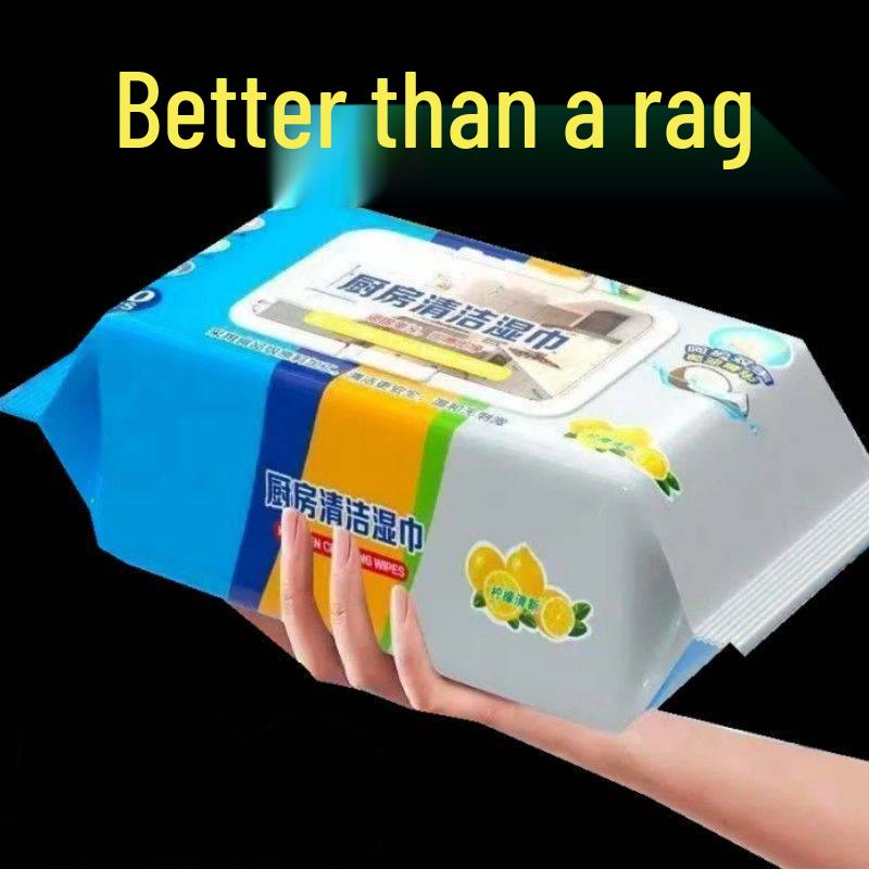 Large Pack Kitchen Wet Wipes - 40 Sheets, Thick and Strong for Oil Removal, with Resealable Lid