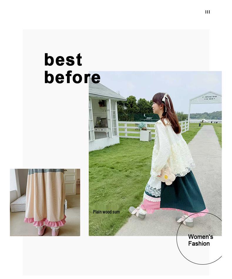 Retro Forest Corduroy Irregular Patchwork Embroidered Lace Midi Skirt - Fleece-Lined for Autumn & Winter
