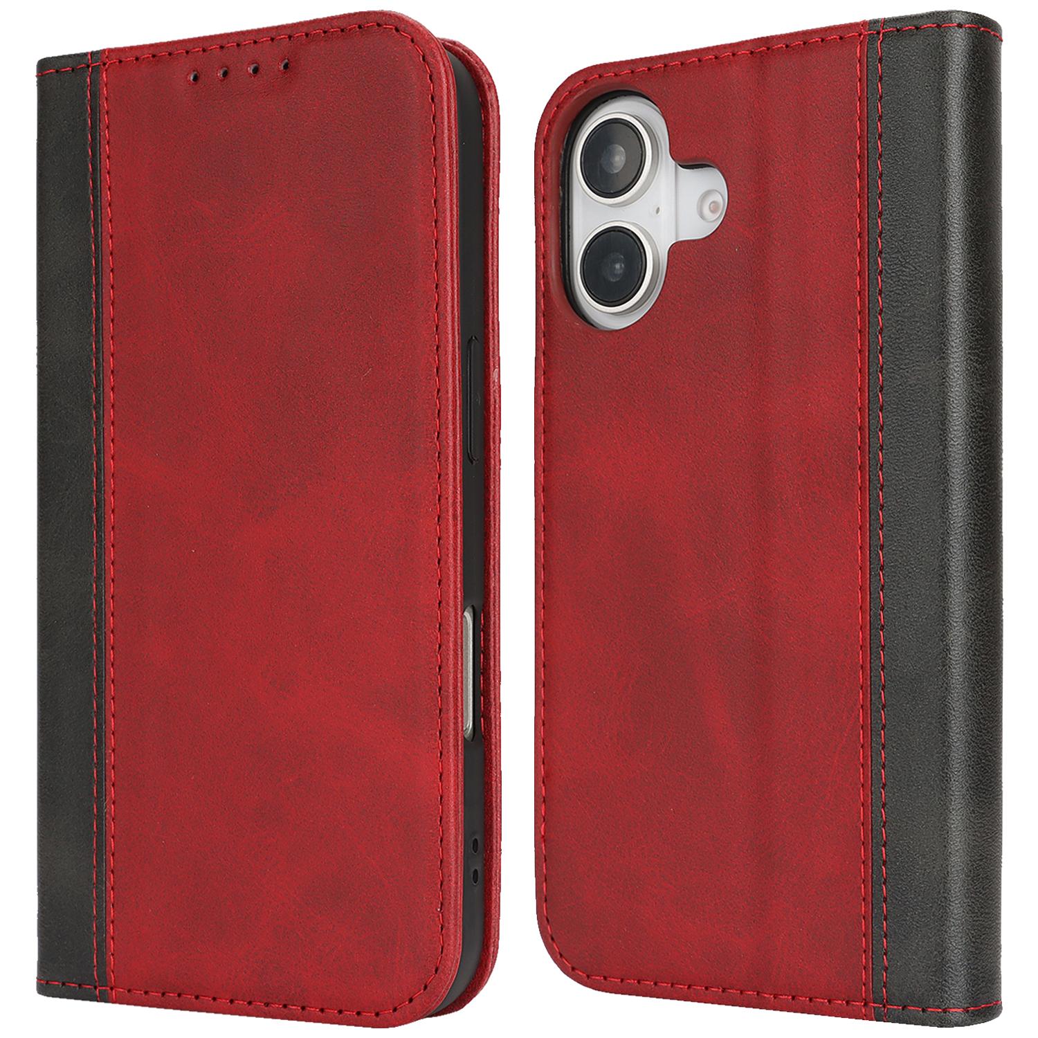 

For iPhone 16 Case Calf Texture 3 Card Slots Color Splicing Leather Phone Cover Red+Black