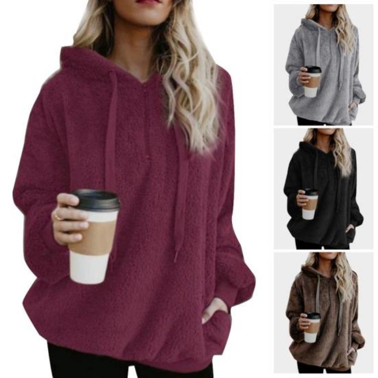 Damen Plus Size Flauschiges Kapuzensweatshirt Winter Einfarbig 1/4 Reißverschluss Kapuzenpullover