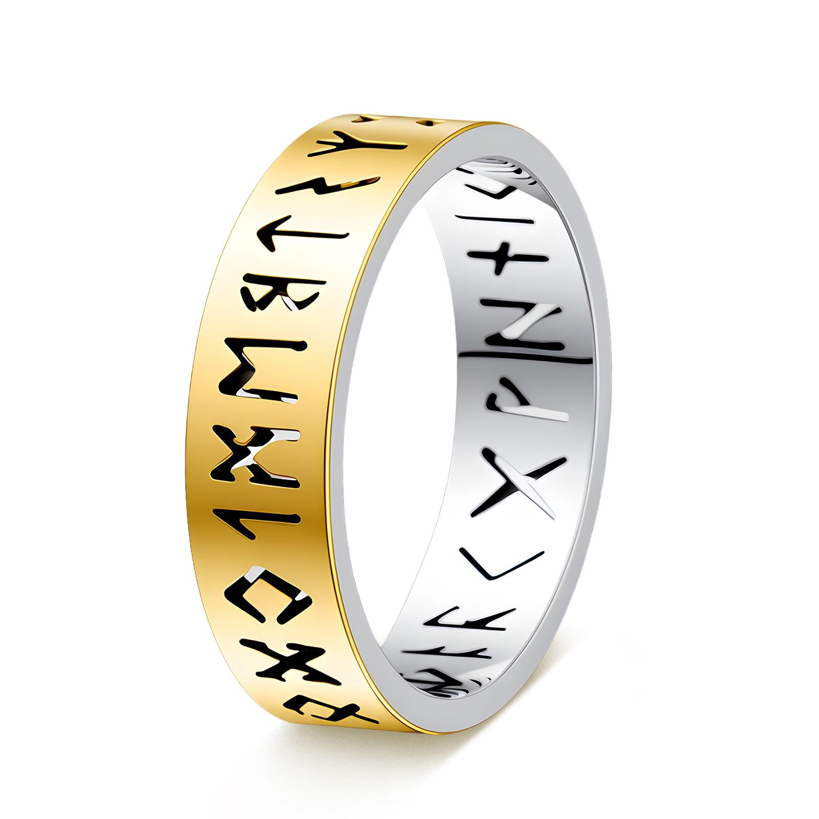 Viking Runes Hollow Out Titanium Steel Ring Unisex Durable Fashion Jewelry Gift for Men Women no. 6 золотой