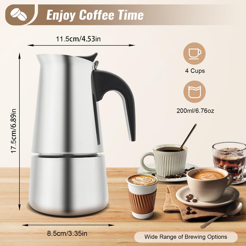Moka Pot Stainless Steel Coffee Pot Stovetop Espresso Maker Percolator Italian Coffee Maker 200ml/7oz/4 Cup W/Electric Stove