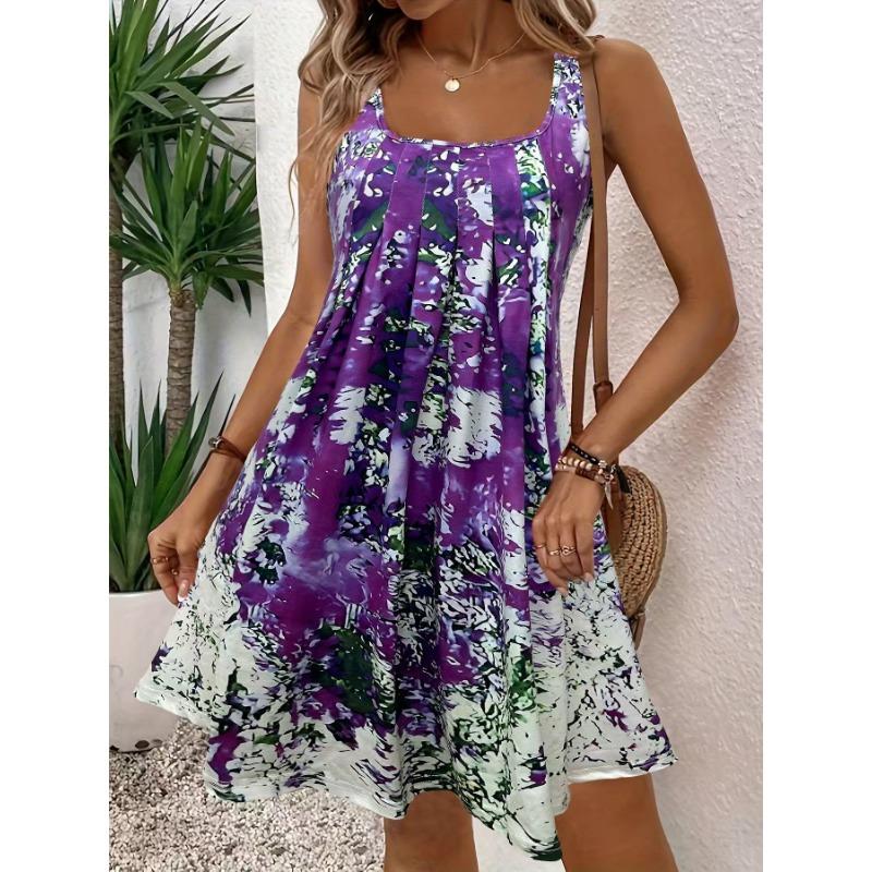 Dámská móda Léto Jaro Barevný blokový potisk Bez rukávů Čtvercový výstřih Volný pas Ležérní šaty