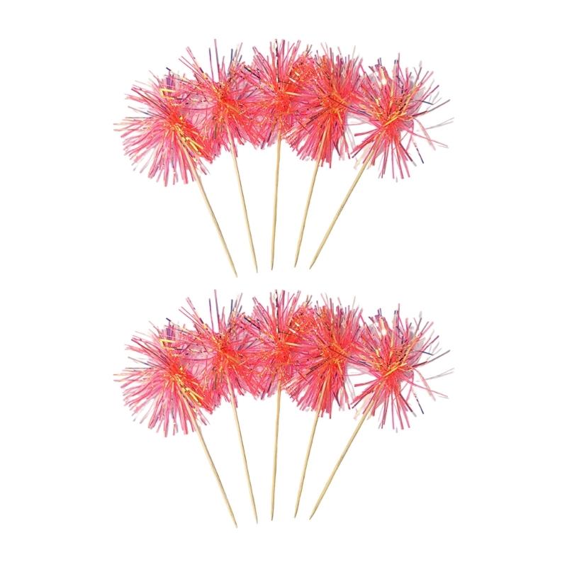 10Pcs Wooden Cake Decorations Colorful Tinsel Cake Insert Sticks Embellishments For Birthday Wedding Anniversary Party