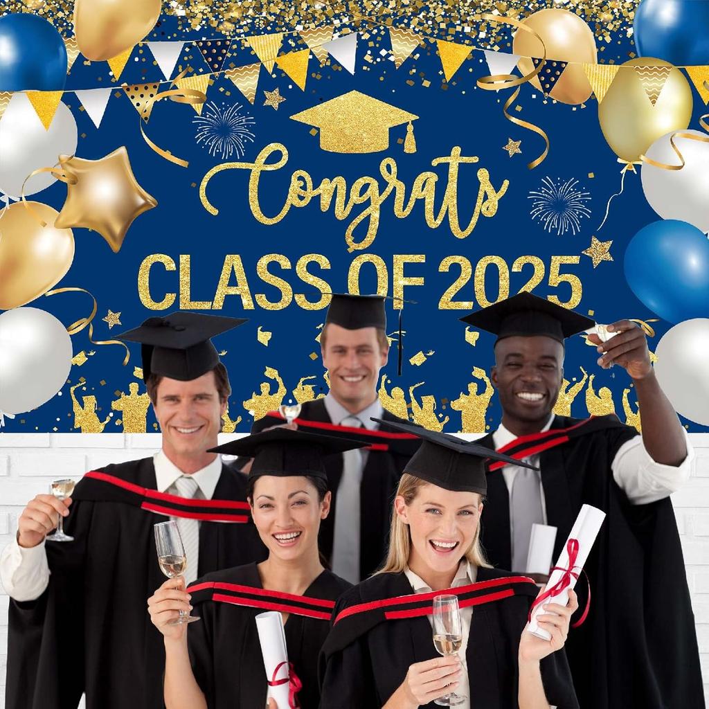Congrats Class of 2025 Banner Blue Gold Graduation Decorations - Large 2025 Graduation Photo Backdrop, Navy Blue Congratulations Banner Grad Party