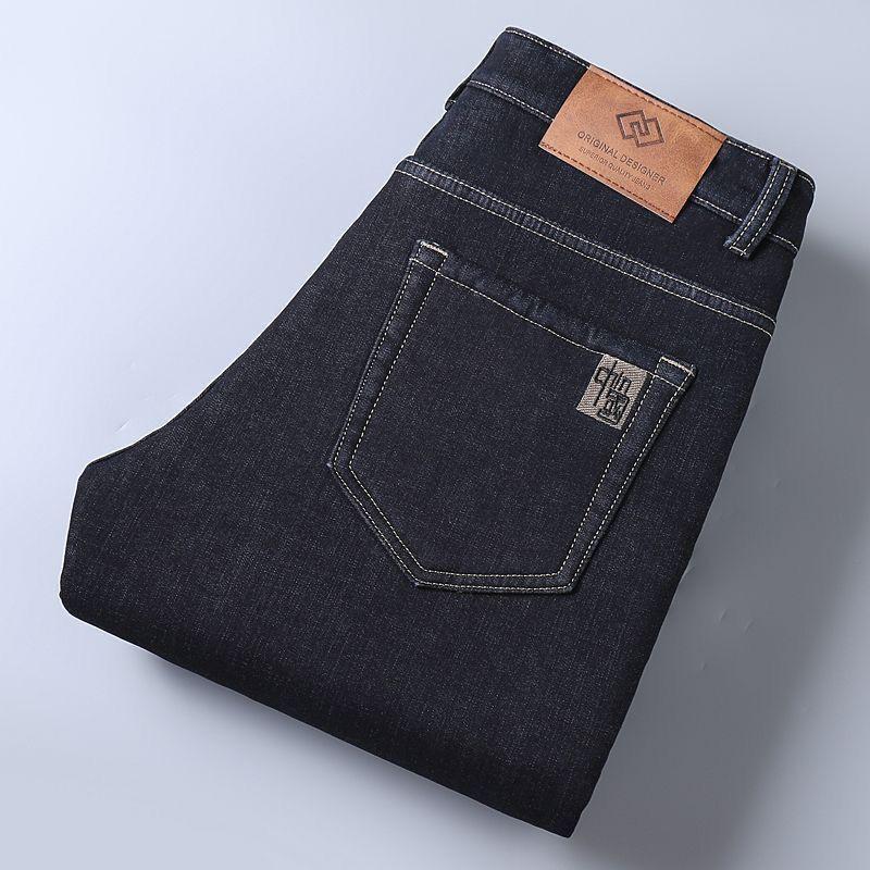 Men's Elastic Straight-Leg Thickened Jeans with Velvet Lining for Autumn and Winter