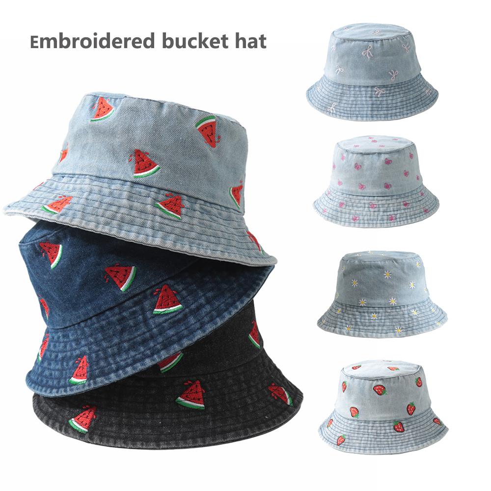 Zealous Sole Women's Emboridery Denim Bucket Hat Summer Travel Beach Sun Hats For Men Fresh And Cute Fisherman Hats Wholesale Señora 55-58Cm