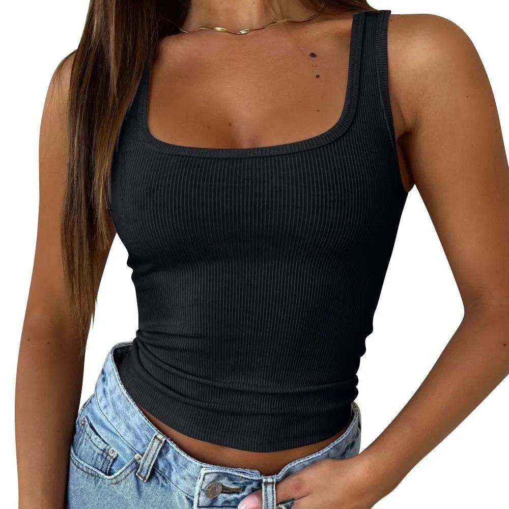 Ribbed Crop Tops Women Solid Color Square Neck Camis Camisole Fashion Tube Top Female Sleeveless