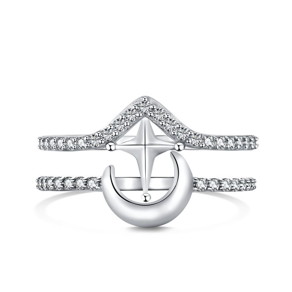 S925 Sterling Silver Star & Moon Ring: Stackable, High-End Micro-Zircon, Open Design for Women
