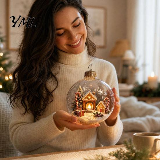 Warm LED Holiday Displays Glowing Christmas Ball Ornaments, 3D Lighted Acrylic Hanging Miniature Scene Ornaments Balls for Tree Mantel Window,