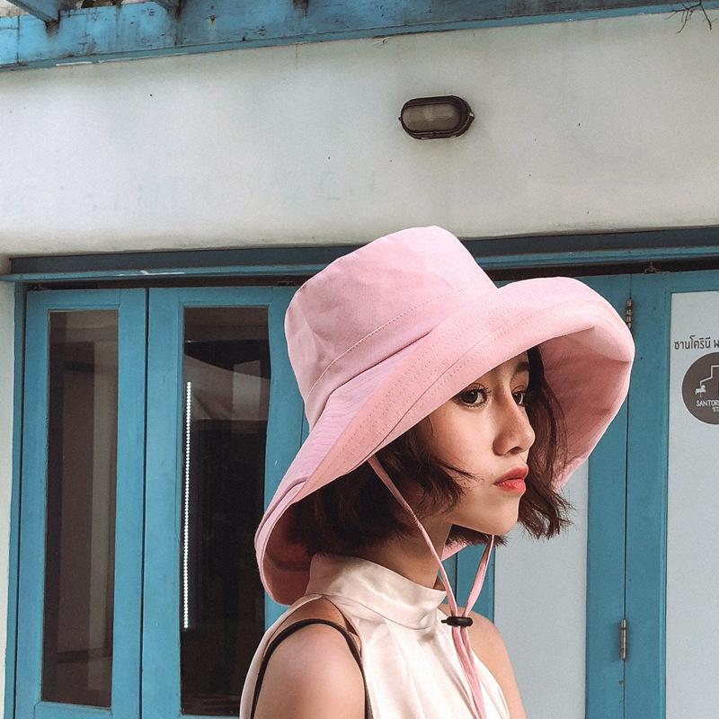 Japanese style hat women's large brim fisherman hat pure color anti-uv hiking sun hat neck protection windproof sun protection