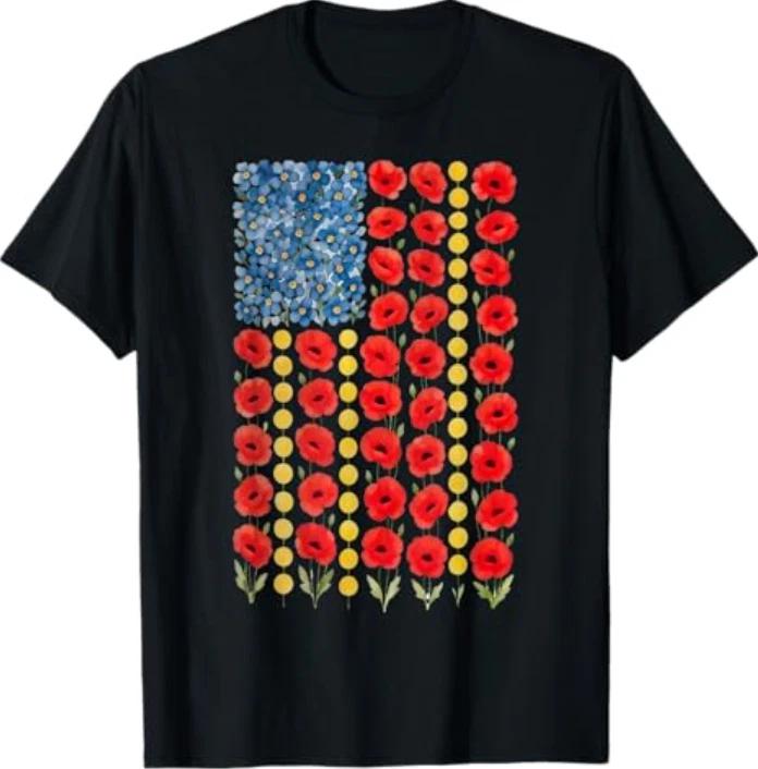 Red Poppy Flower American Flag Memorial Day Poppies T-Shirt S