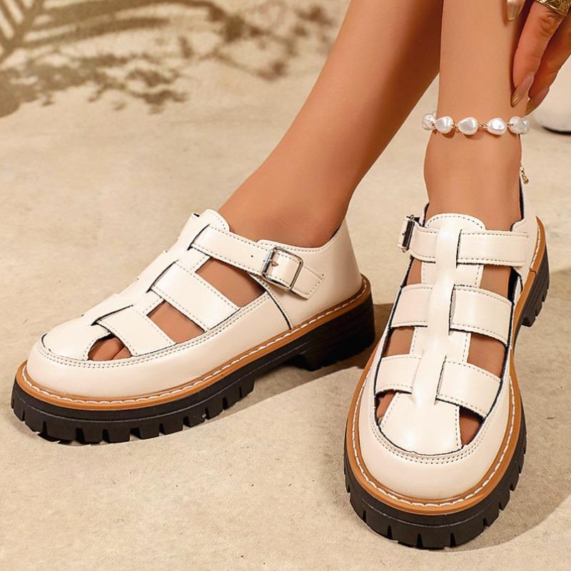 Women's Breathable Hollow Thick-Soled Loafers With Buckle Detail, Fashionable Comfortable Footwear, Available In Large Sizes.
