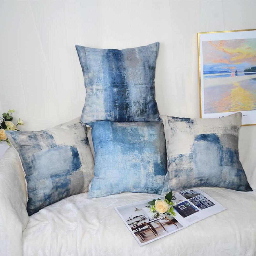 Chic Square Cushion Cover, Navy Blue Grey Abstract Art Painting Decorative Pillow Covers, Exquisite Linen Material Ensures Durability and Comfort,