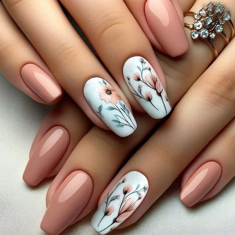 24Pcs Brown Floral Long Ballet Press On Nails Detachable Full Cover False Nail Tips Manicure