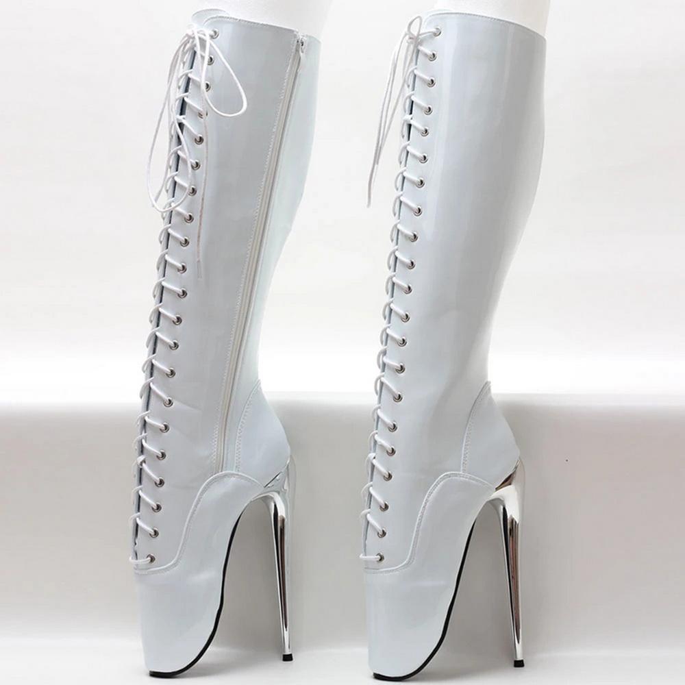 Fashion FHC 18CM High Heel Unisex Knee High Ballet Boots,Queen Dance Shoes,Fetish SM Botas,Front Laces,White,Black,Red,Customized Color