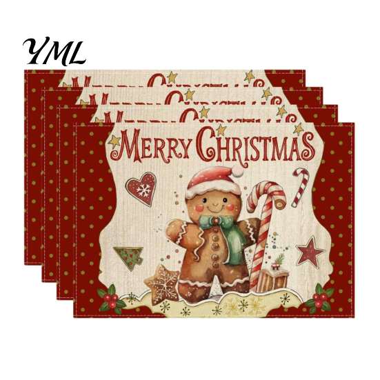Holiday Party Supplies 4Pcs Christmas Linen Placemat Set, Cartoon Snowman Gingerbread Gnome Table Pattern Placemats Mat, Heat Resistant Place Mat for