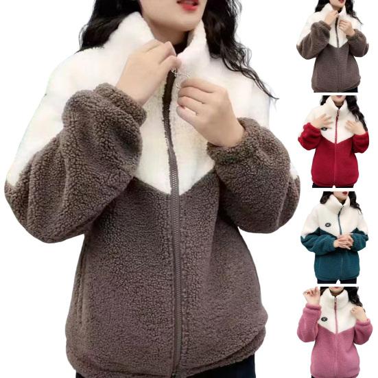 Women's Fuzzy Fleece Jacket Zip Up Stand Collar Sherpa Coat Fall