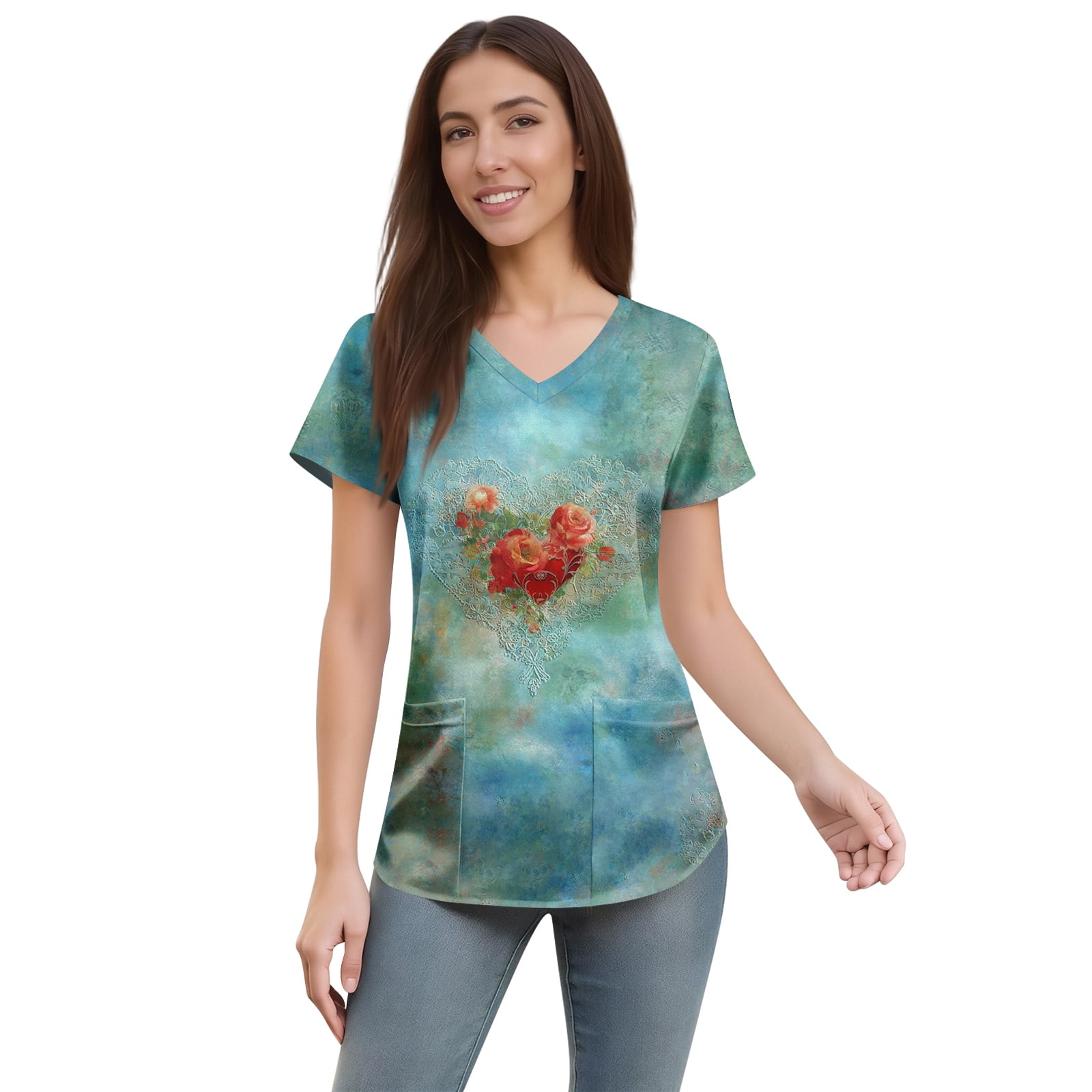 

Surgical Uniforms Woman Womens Heart Nurse Uniforms Scrub Tops for Women Short Sleeve V Neck Scrub Shirt Surgical Uniform Woman S