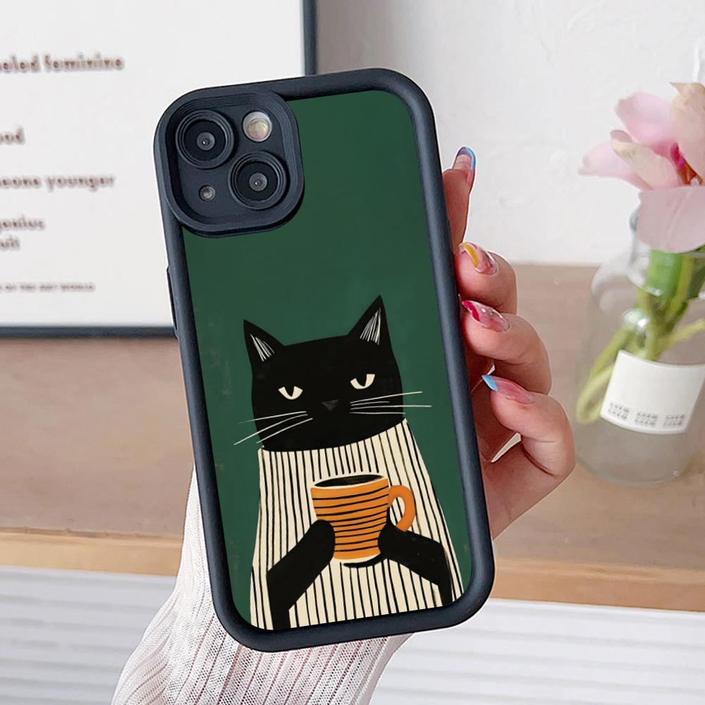 Cute Coffee Cat Thicken TPU Mobile Phone Case for iPhone 17 16 15 14 13 12 11 Air Pro Max Plus Colorful Cover