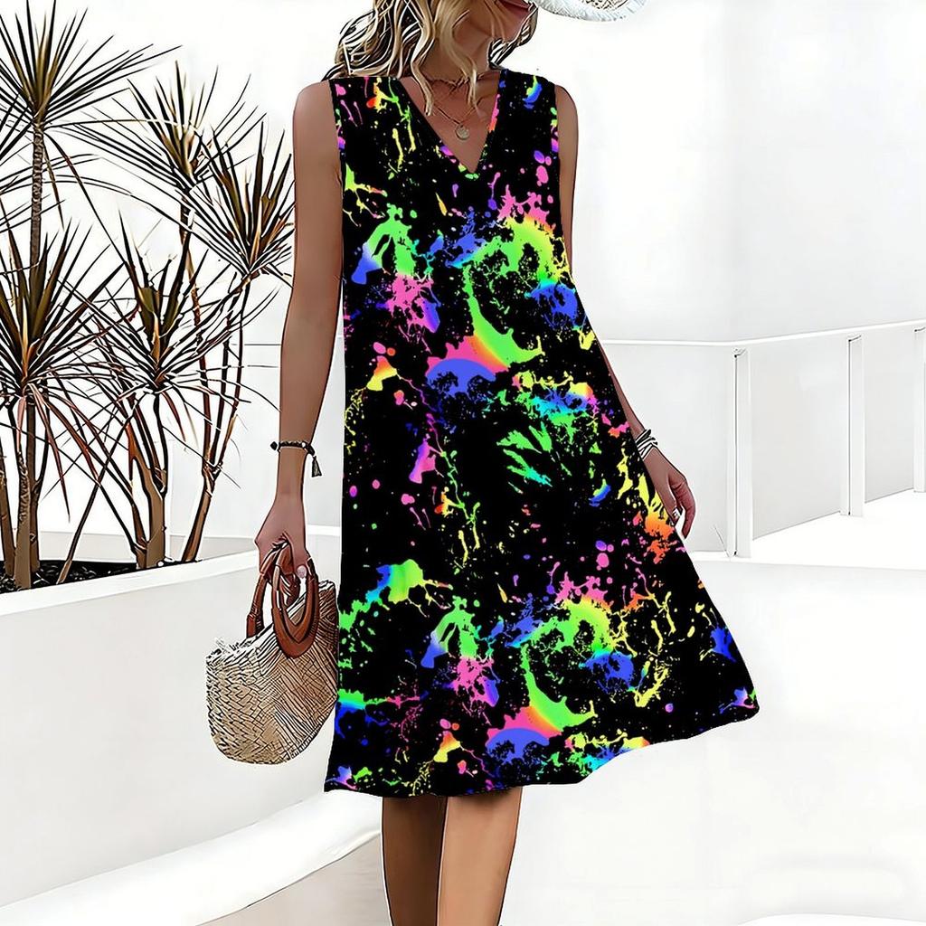 Plus Size V Neck Sleeveless Dress Shaded Brook Woodland Watercolor Print For Peaceful Nature Stroll
