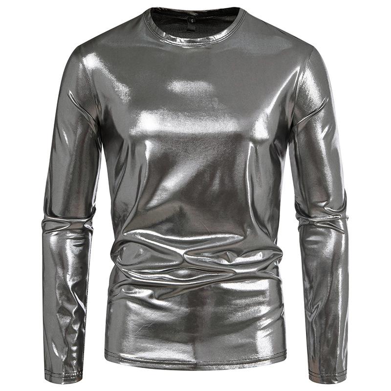 Autumn and Winter Men's Fashion Trend Party Stage Glossy Long Sleeve Round Neck T-shirt Product T-shirt