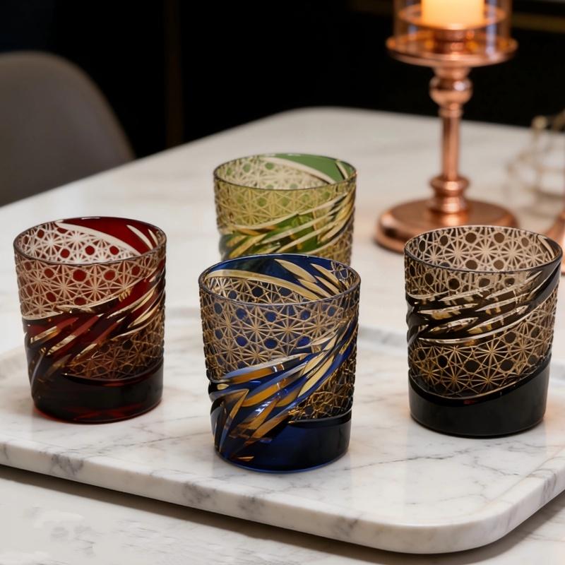 Japanese Style Edo Kiriko Hand Blown Wine Glass 240 Ml Amber Multi-color Tumbler for Whiskey Cocktail Vodka Beer Drinking