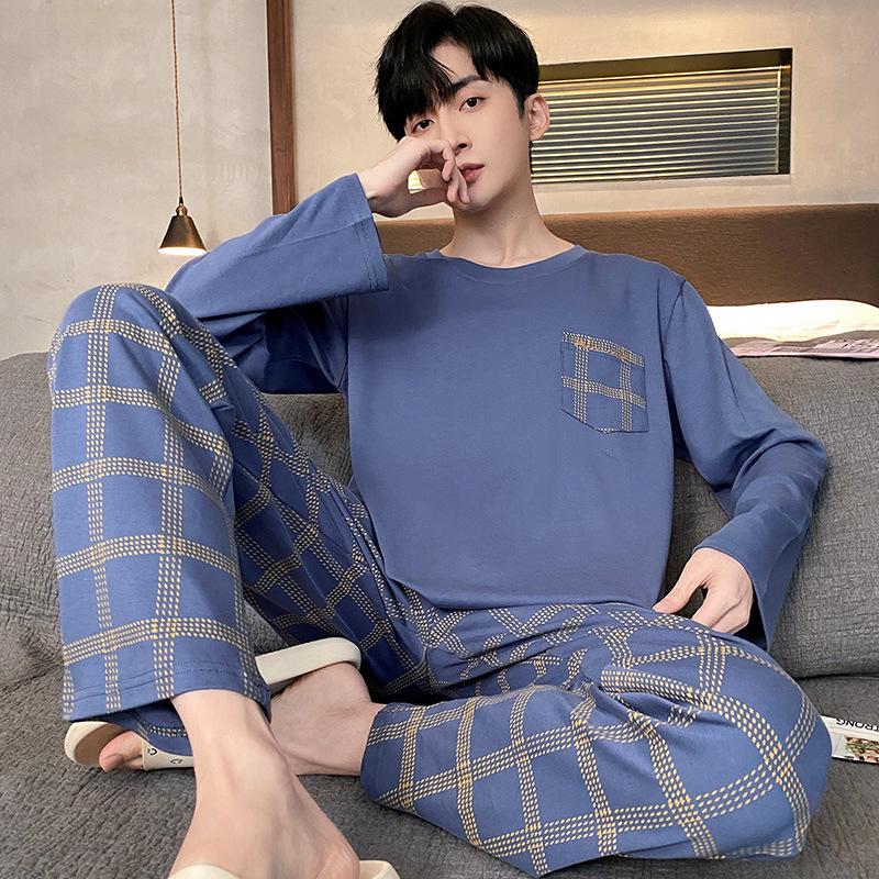 Men's Spring/Autumn Long Sleeve Cotton-Look Pajama Set - Youth Style, Casual Homewear, Plus Size.