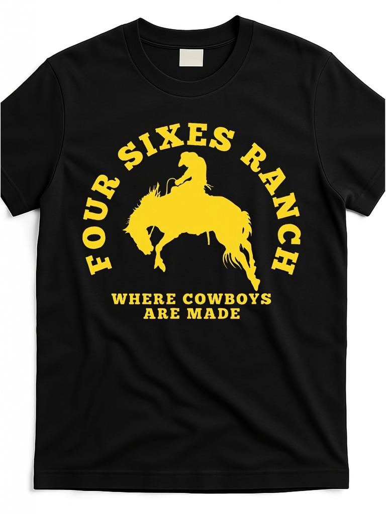 Four Sixes Ranch Men's Vintage Cowboy Graphic T-Shirt- Black with Bold Yellow "Where Cowboys Are Made" Design