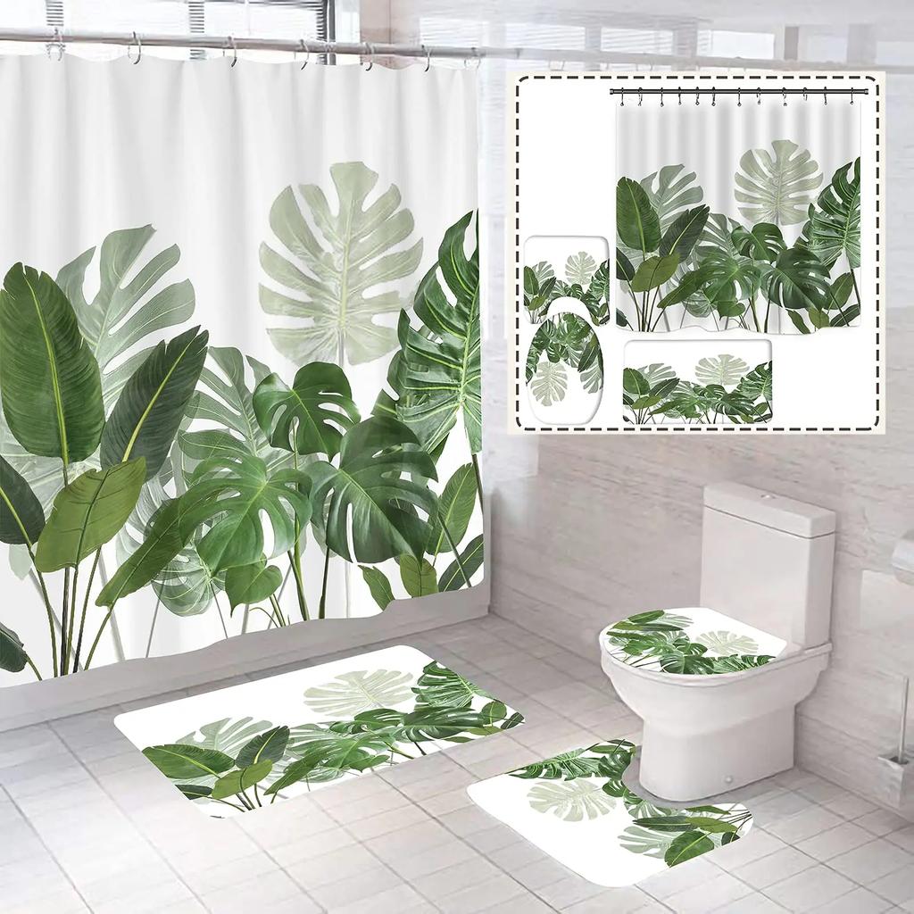 Blue Green Leaves Shower Curtain Set With Non-Slip Rug Toilet Lid Cover Bath Mat And Hooks Plant Leaf Vine Waterproof Decor Sets