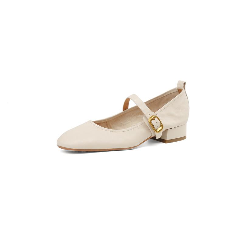 

Fashion NEW Spring/Autumn Women Pumps Genuine Leather Shoes for Women Round Toe Chunky Heel Shoes Concise Metal Buckle Mary Jane Shoes 34 бежевий