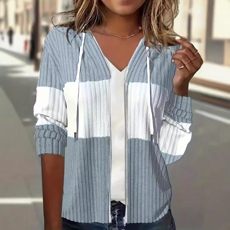 Autumn Zipped Patchwork Color Women's Hoodies Drawstring Long Sleeve Ladies Striped Knitwear Woman Fashion Loose Fit Sweatshirts