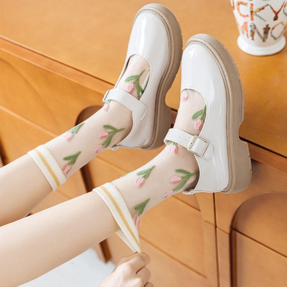 Breathable Women Summer Socks Transparent Girls Mid-calf Socks Casual Lace Socks