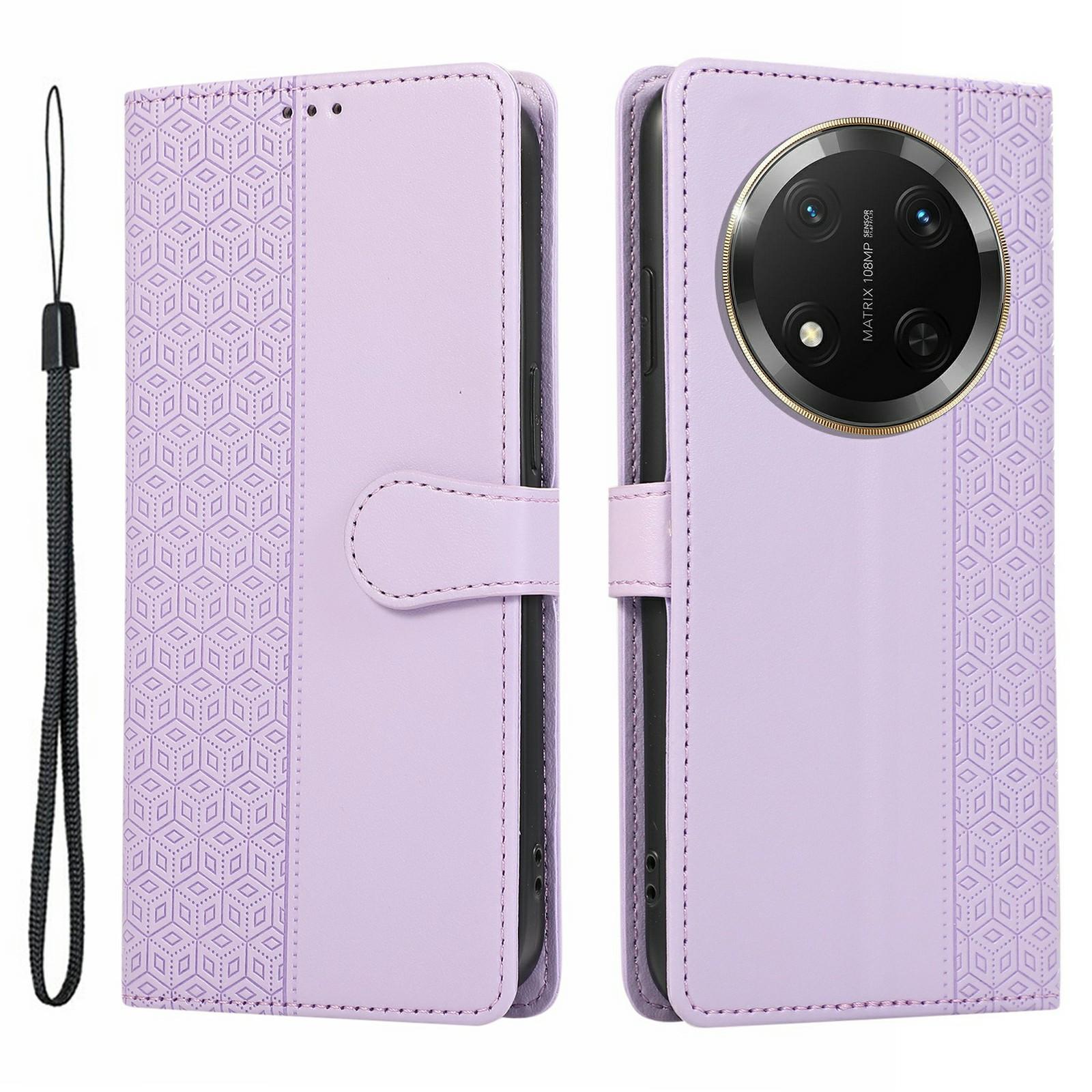 

Phone Case For Honor X60 Pro 5G/X9c 5G/Magic7 Lite 5G Splicing Imprinted Rhombus Leather Cover with Wrist Strap Purple