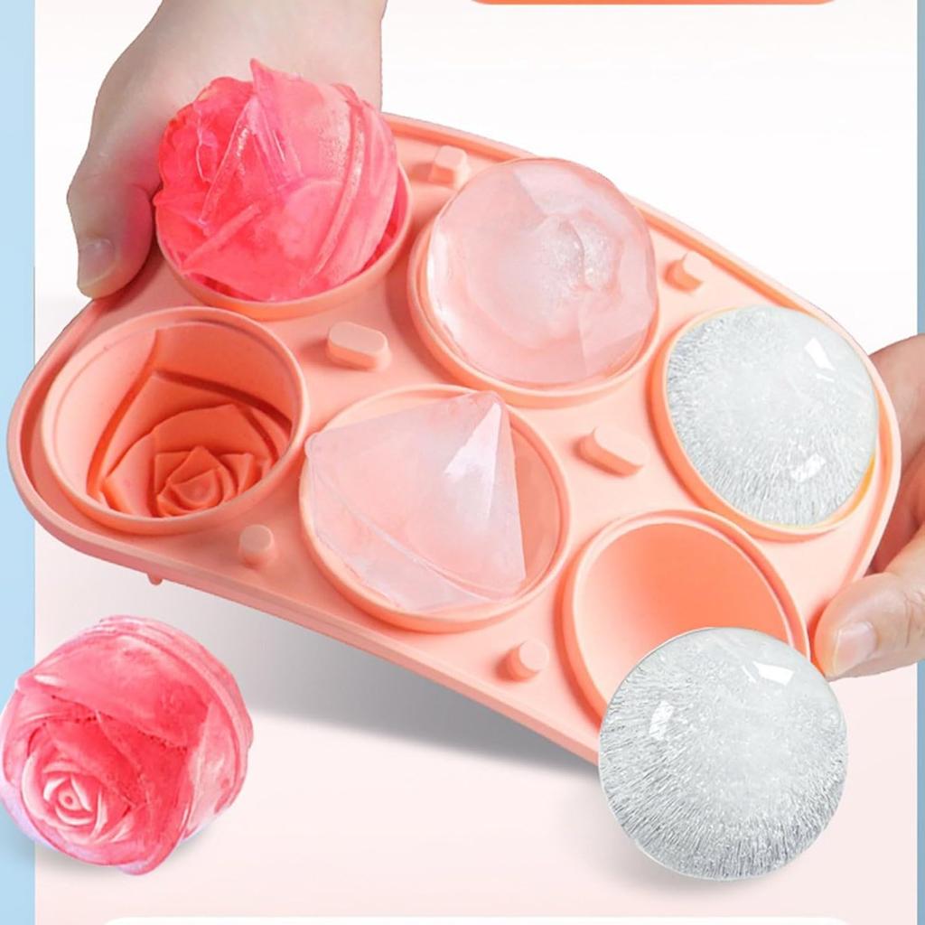 Large Silicone Ice Cube Tray with Lid Multi shape Rose Diamond Ice Hockey Round Sphere Mold for Whiskey Bourbon Cocktails
