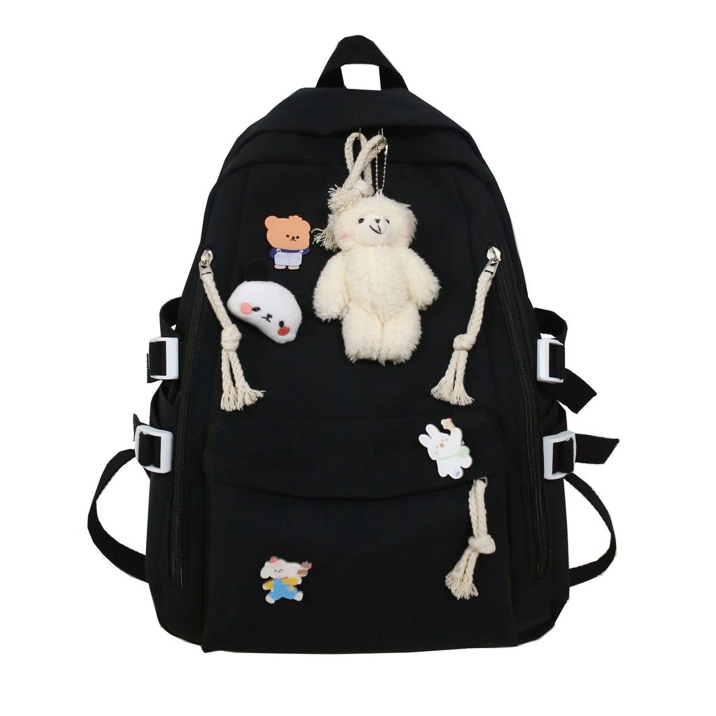 New Backpack with Cute Bear Plush Pendant and Cartoon Pins Large Capacity School Bag for Teen Girls Student Travel