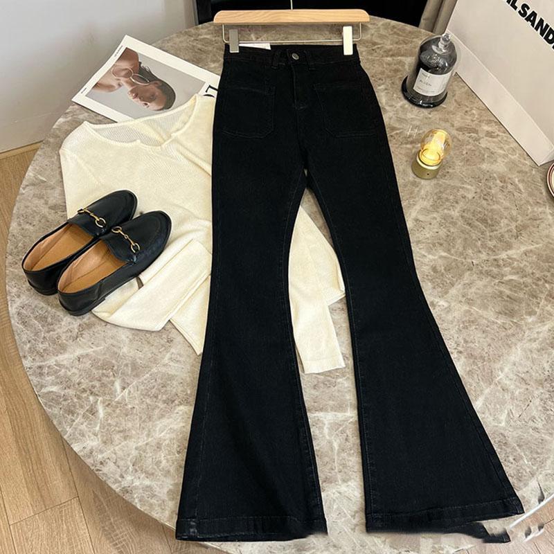 

Брюки с высокой талией Свободные потертые джинсы с карманами Тонкие джинсовые расклешенные классические женские винтажные эластичные прямые брюки универсальные большие размеры 24 чёрный