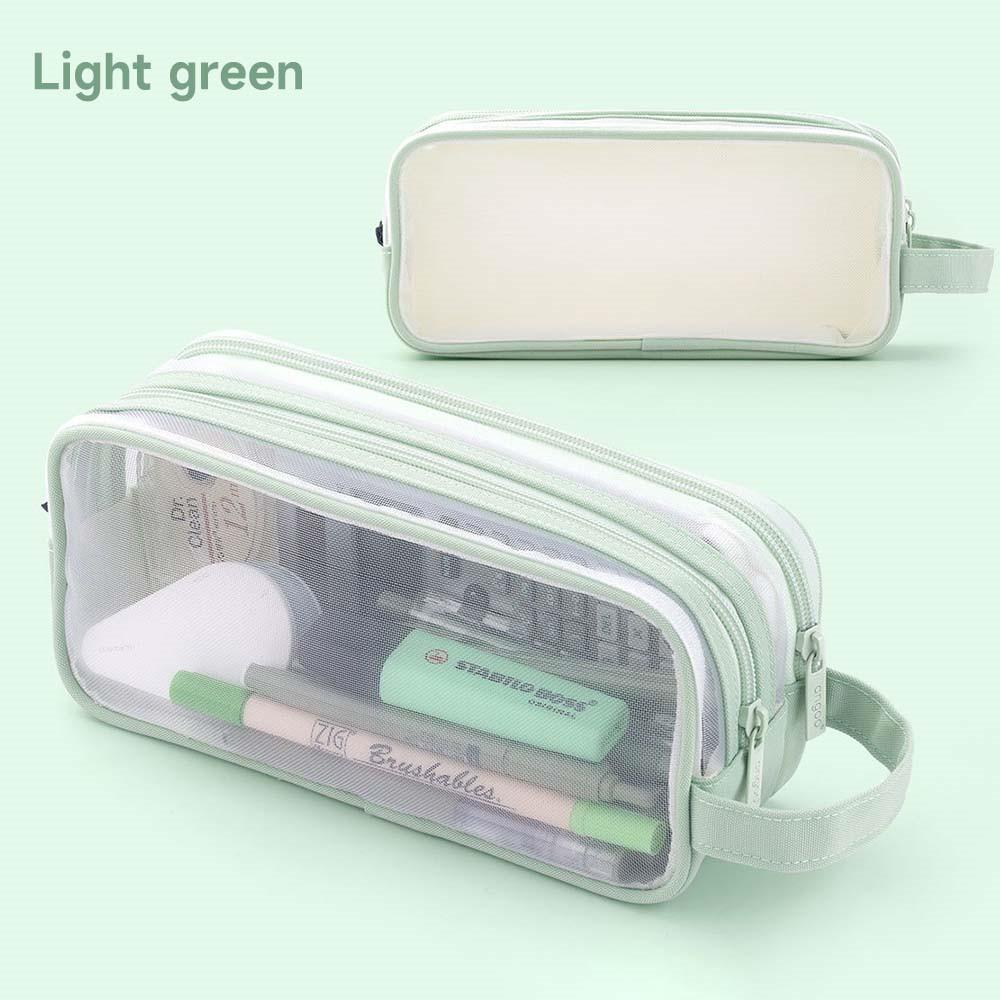 Large Grid Mesh Pencil Case 2 Compartment Pen Bag Clear Handheld Multifunction Pencil Pouch Transparent Makeup Bag for Children