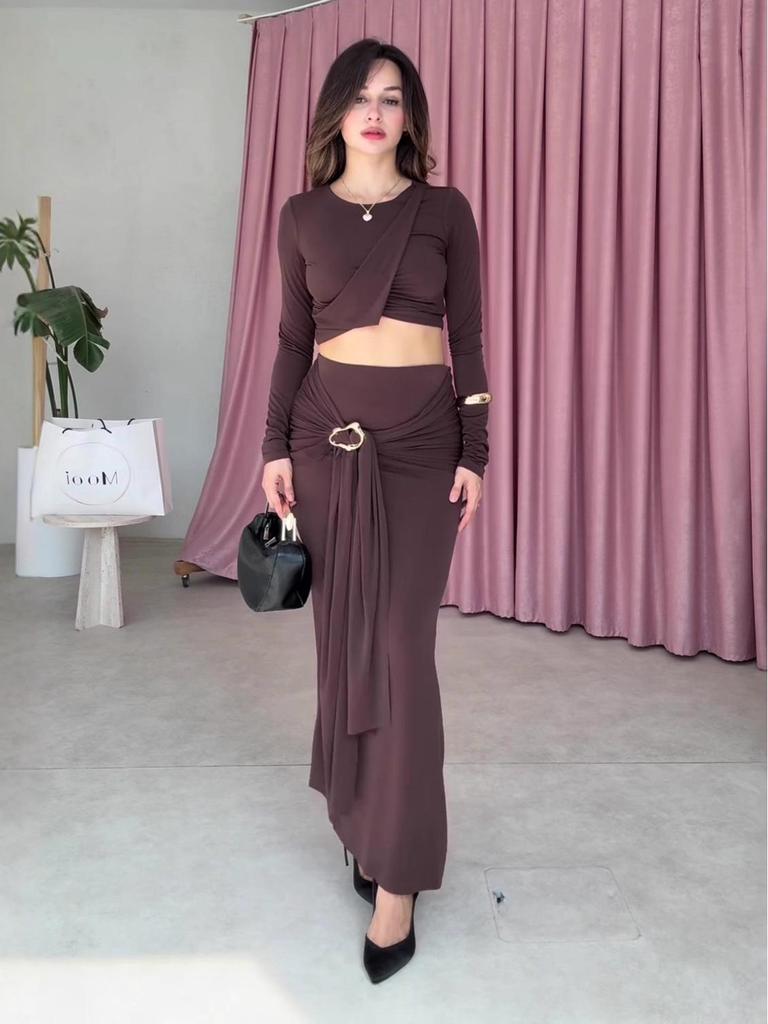 2025 Autumn Women's Round Neck Long Sleeve Top and Sexy Long Dress Set