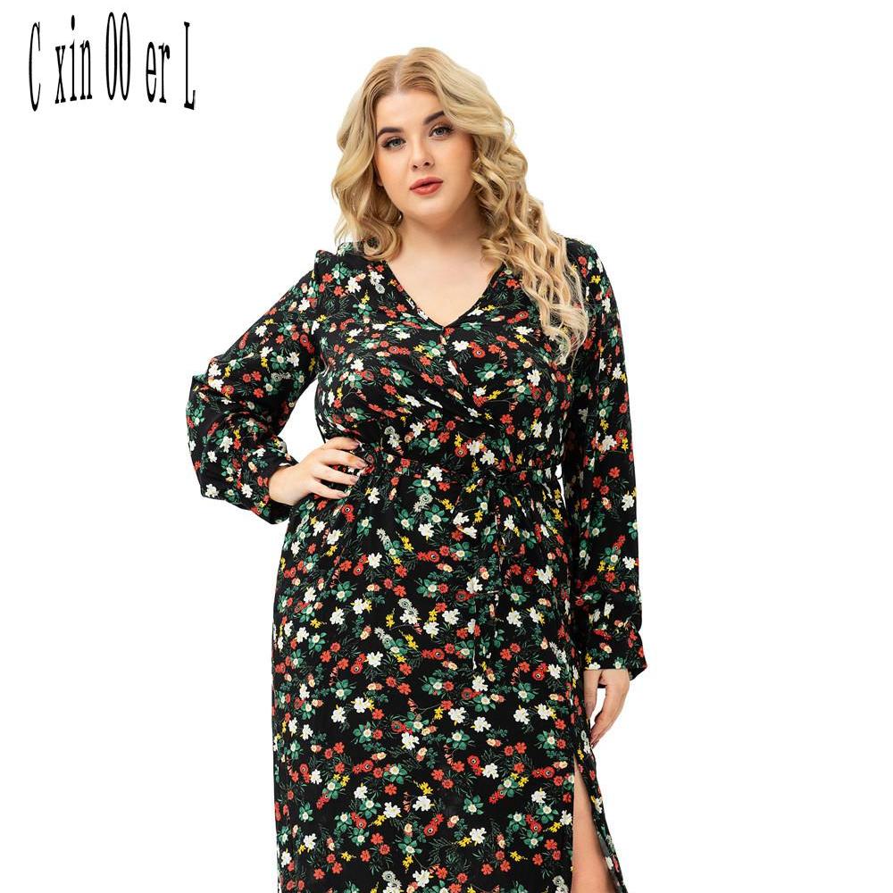 Plus Size Xl -5xl New Fashion   Summer Women Long Sleeved Floral Split Dress Black Dresses Mother Clothes