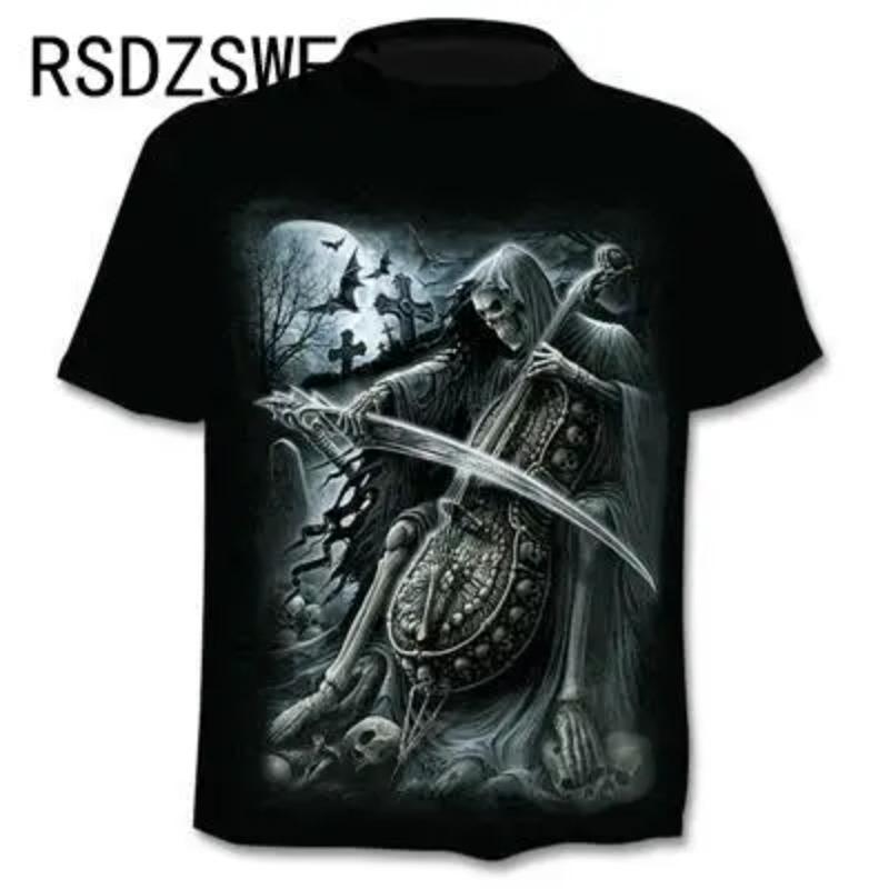 Round Neck 3D Skull Printed Top Fashionable Casual Short Sleeved Men's T-shirts - Soft Medium Stretch Polyester Fabric Summer Relaxed Fit Clothing