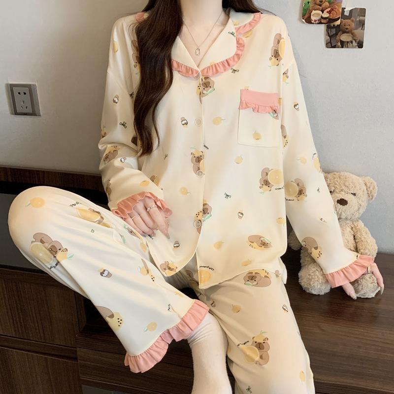 

Контрастная пижама принцессы с краем в виде листа лотоса, женская весенне-осенняя, из имитации хлопка, с длинным рукавом, с мультяшным принтом, милый комплект для дома 2XL [Recommended 130-72.5 kg]