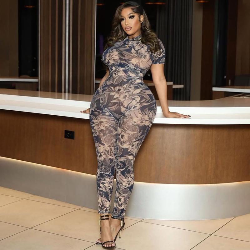 2024 Summer European & American-Style Women's Sexy Backless Mesh Jumpsuit with Fashion Print