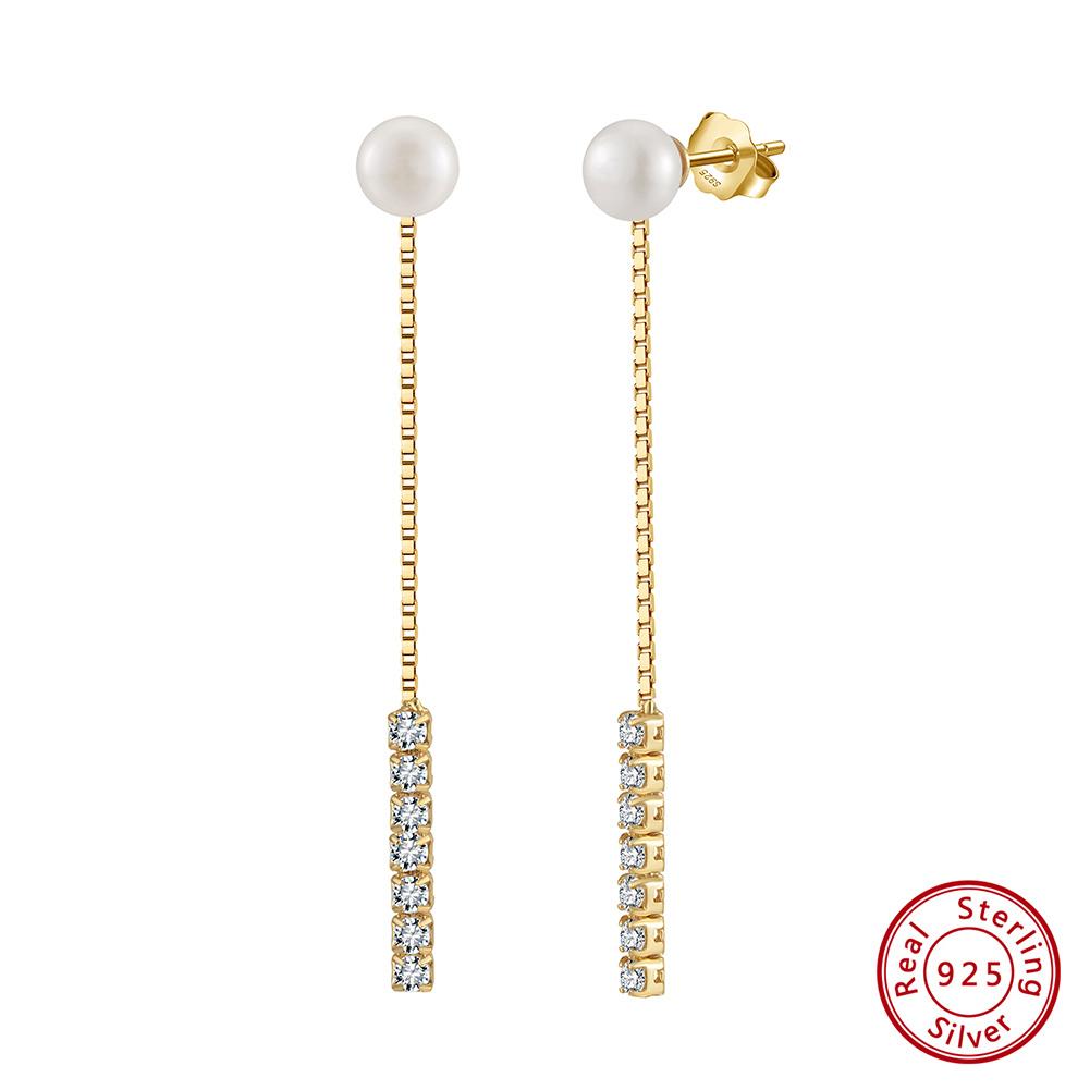 For GPE112 Trendy Women's Freshwater Pearl Drop Earrings with Tassel Chain 14K Gold Plated 925 Sterling Silver